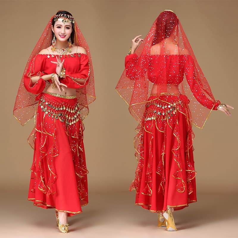 Indian Dance Lantern Long-Sleeve Performance Costume Belly Dance Set Adult Women Egyptian Ethnic Dance Dress Skirt