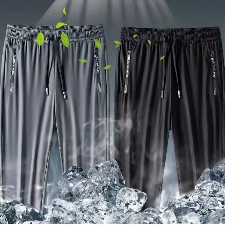 Men's Summer Ice Silk Casual Jogger Pants, Quick-Dry, Elastic Cuff, Loose Fit, Big Size