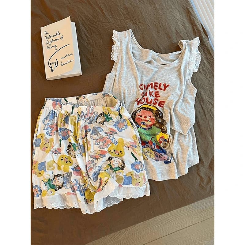 Ins Style Oil Painting Girl Cartoon Print Pajama Set for Women with Padded Camisole and Shorts, Sweet Lace Trim Homewear Set