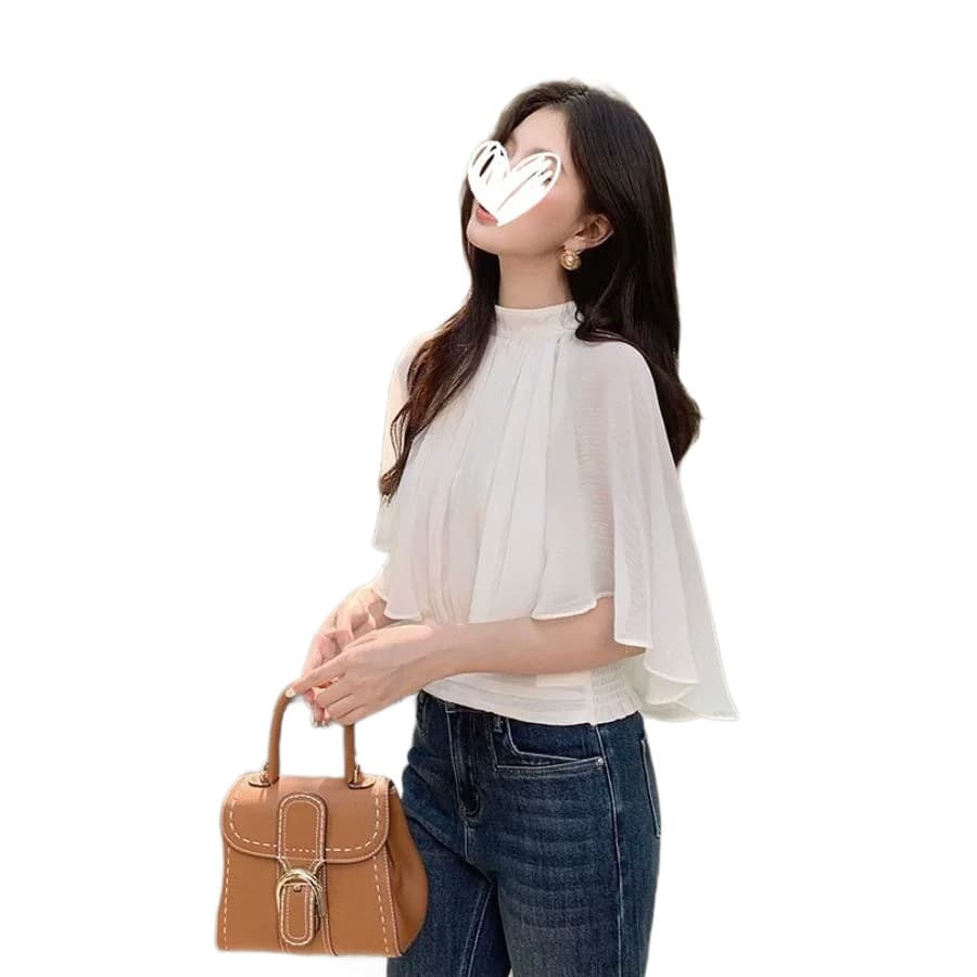 2026 Summer New Korean Style Chiffon Cape Blouse for Women, Loose Fit, Slimming Solid Color Batwing Sleeve Top, Elegant Style