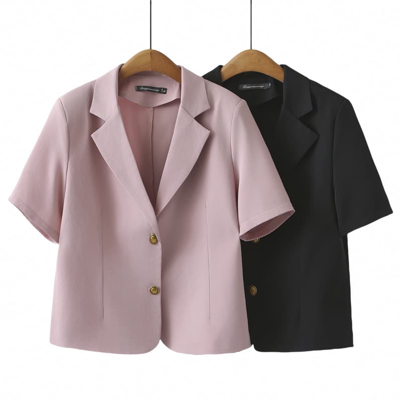 Summer Blazer Short Sleeve Plus Size Women 2025 Simple Thin Suit V-Neck Cardigan 2508