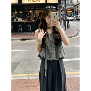 Summer OOTD Set 2026 New Korean Style Stunning Sleeveless Polka Dot Top Wide Leg Pants Two-Piece Set for Women