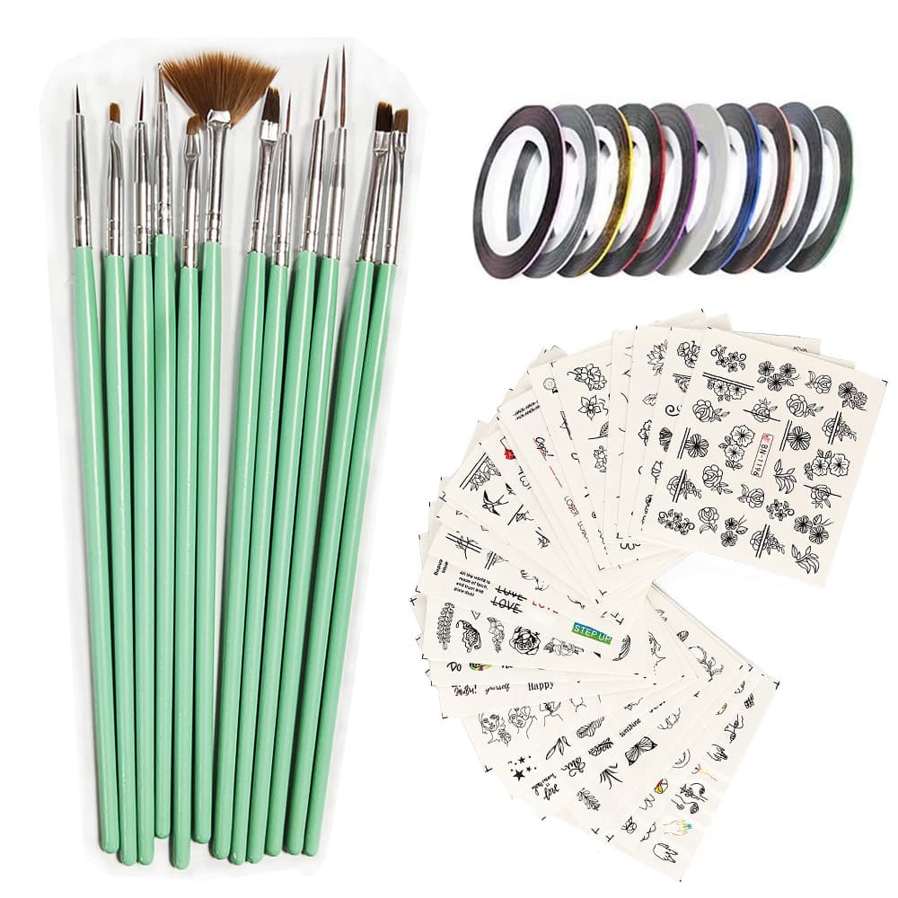 Manicure brush set 12 apple green brushes + 10 colors gold and silver thread + 24 different styles of water stickers