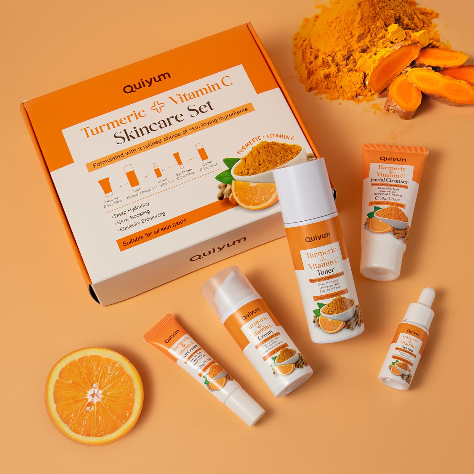 Cross-border Quiyum Turmeric Vitamin C Skincare Set 5-Piece Facial Care Moisturizing Skincare Kit for Export