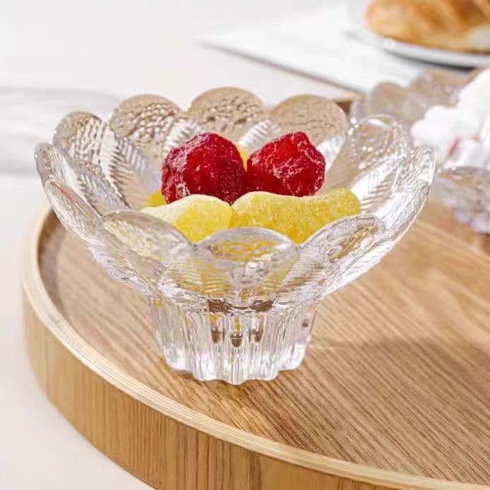Embossed Fruit Plate Glass Dessert Bowl Set, Transparent Creative Pedestal Petal Design, Household Yogurt Bowl, Wholesale Bowls and Dishes