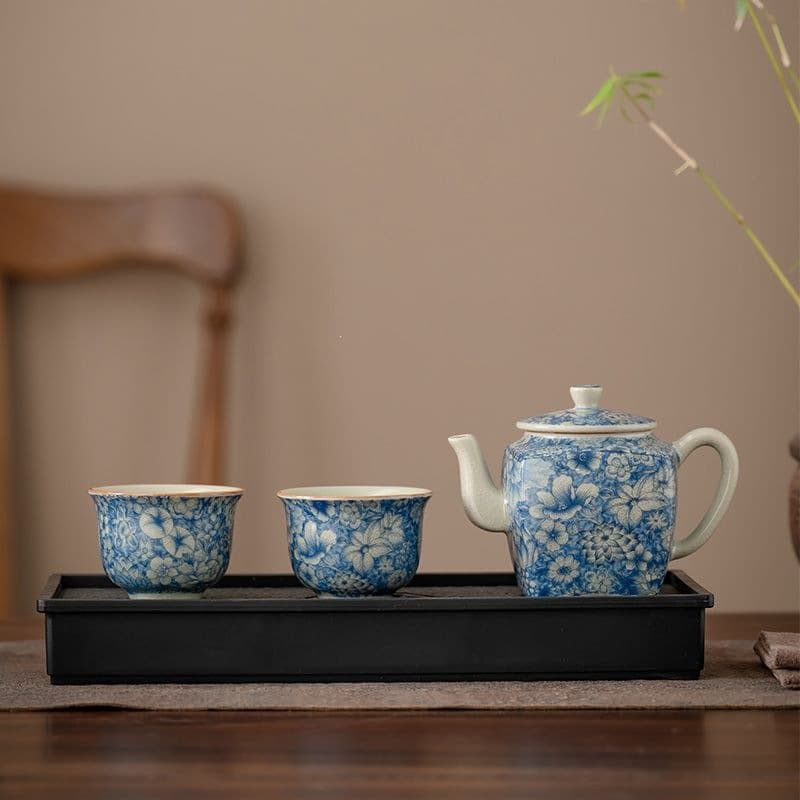 Ceramic Tea Set, Complete Kung Fu Tea Set with One Pot, Two Cups, Tea Tray, Teapot, Teacups, for Home Use in the Living Room, Vintage and Light Luxury Style