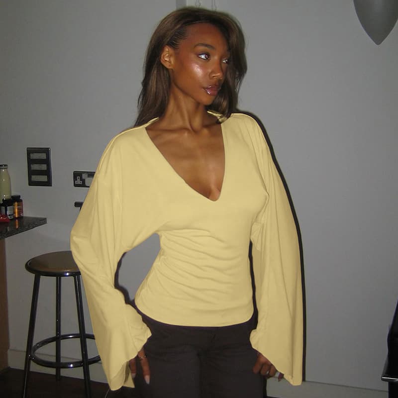 Y25TP480 European and American clothing spring and summer cross-border new solid color V-neck trumpet long-sleeved slim T-shirt tops for women wholesale