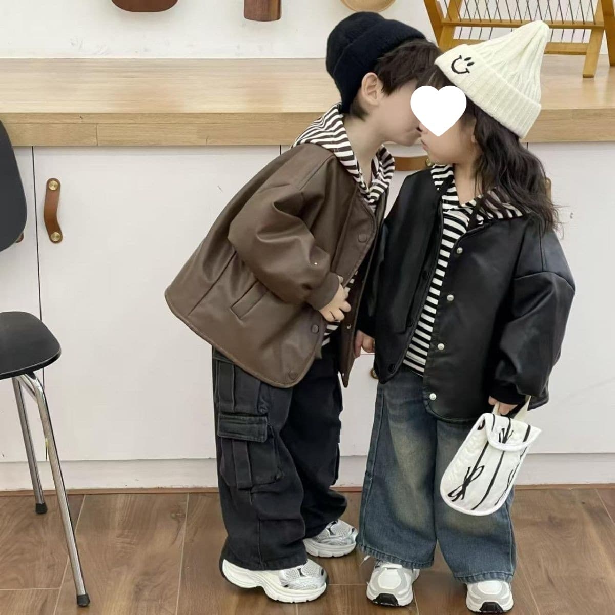 Children's Spring and Autumn Two-Piece Leather Jacket Set, 2025 New Style, Boys and Girls, Hooded Sweatshirt, Korean Style Fashion PU Jacket