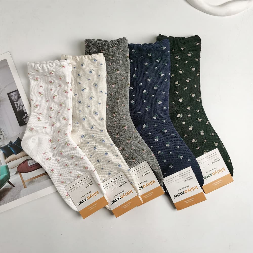 Floral Plant Women's Cotton Socks Korean Style Kiki Mid-Waist Socks Autumn New Preppy Ins Style Girl Socks