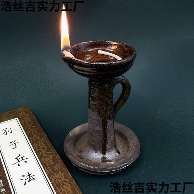 Vintage old-fashioned handmade butter lamp, nostalgic kerosene lamp, wood-fired ceramic tile lamp, earthenware candlestick for Buddhist tea ceremony tools