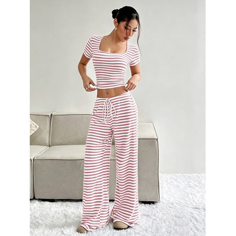 Cross-border Europe and America 2026 Homewear Set Striped Short Sleeve Long Pants Two-Piece Casual Loungewear Pajama Set