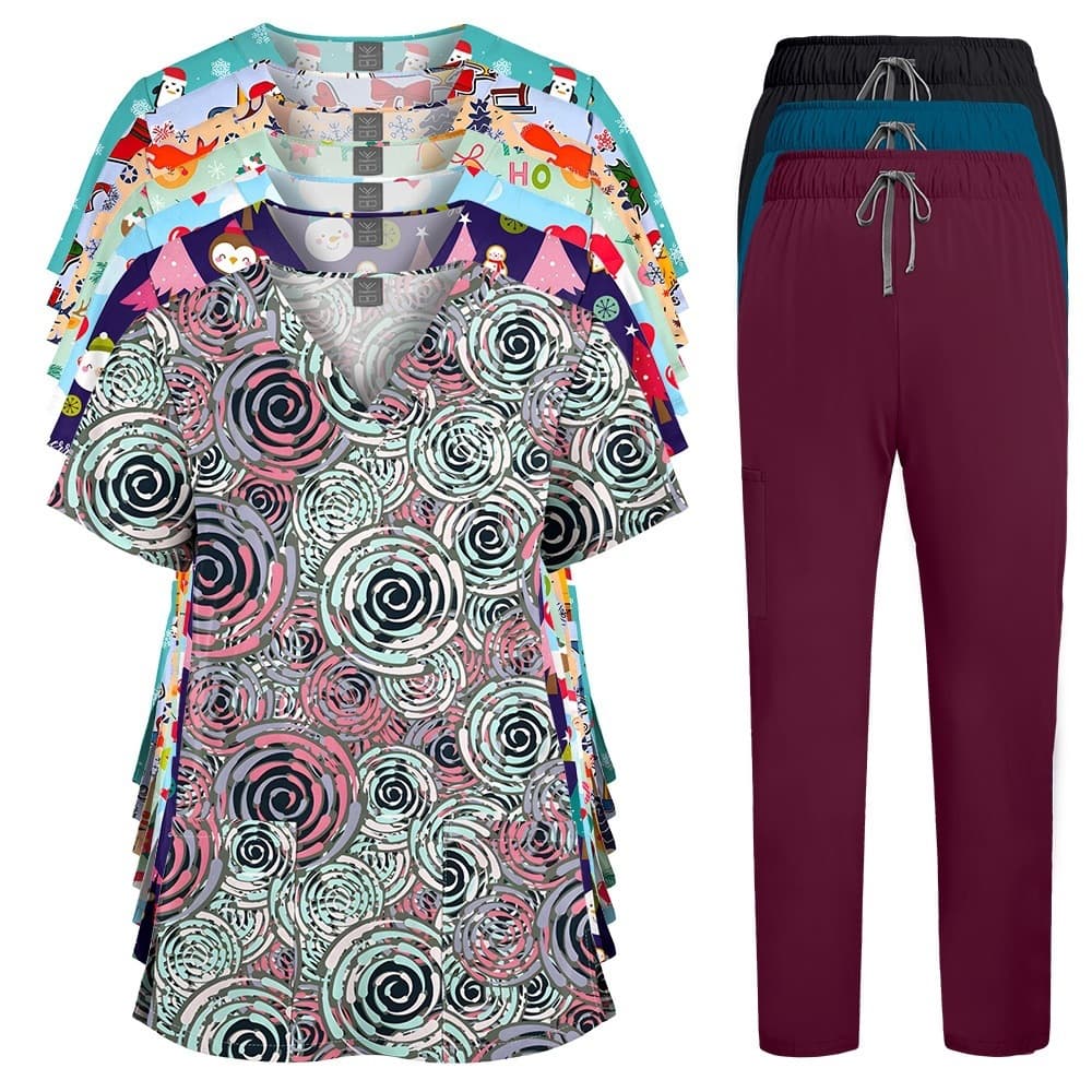 AliExpress Amazon V-Neck Cartoon Print Work Uniform Caregiver Nurse Uniform Professional Set Solid Straight Leg Pants
