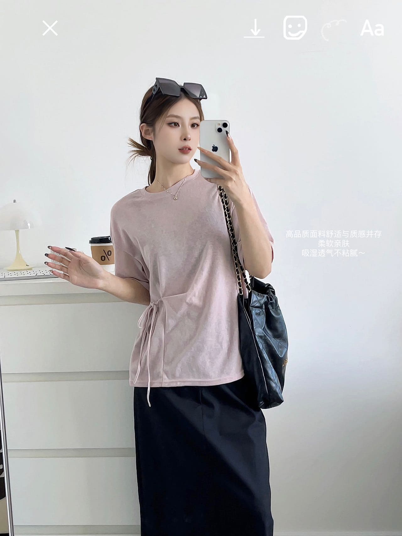 Plus Size Long Drawstring Short-Sleeve Women's Korean Style Round Neck Pleated Snowflake Loose Fitting Breathable Top 2502