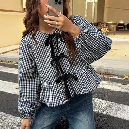 2026 Summer New European and American Cross-border Women's Plaid Long-sleeve Loose Casual Top Elegant Butterfly Design T-shirt for Women
