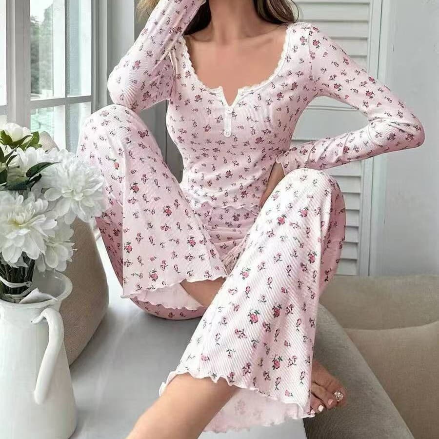 Cross-border Hot Selling European American Style Autumn Winter Homewear Sexy Casual Fashion Long Sleeve Long Pants Pajama Two-Piece Set for Women