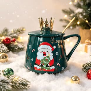 Large Capacity Mug with Lid, Creative Christmas Ceramic Cup, Couple Set, Cute Crown, High Appearance