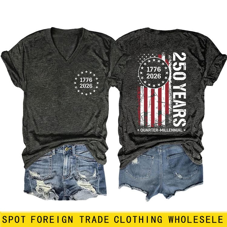 250 Years Quarter Amazon eBay Independent Site Fashionable Personalized Women's V-Neck Short Sleeve T-Shirt for Export