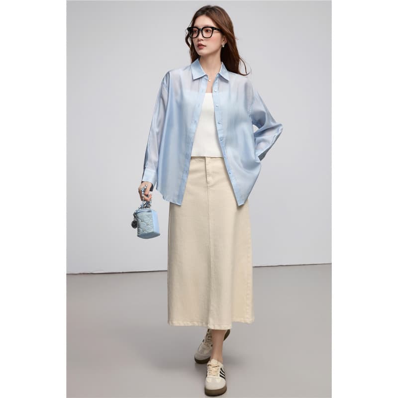 Tencel Lightweight Shirt for Women Sheer Soft Feel 2026 Summer New Drop Shoulder Loose Top Light Blue Cardigan Blouse