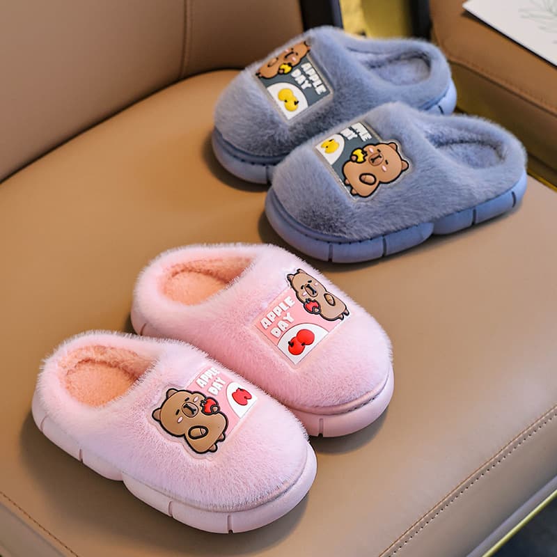 Girls' Cotton Slippers Kapibala Home Family Shoes Non-Slip Soft Bottom Fur Slippers Boys' Baby Cotton Slippers Winter