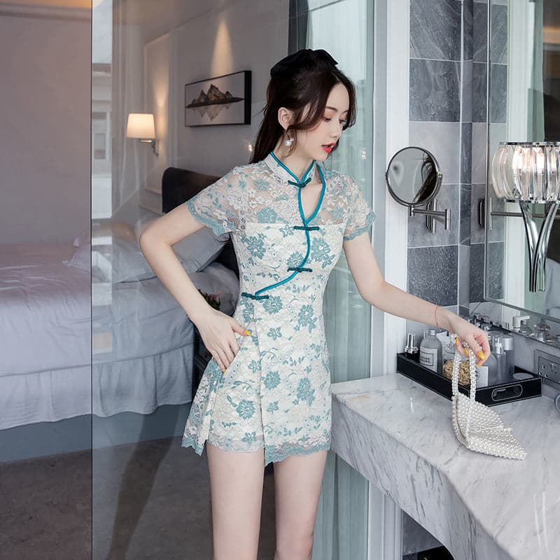 2023 Summer Sexy Elegant Goddess Style Youthful Version Young Girl Modified Cheongsam Lace Dress Shorts Two-Piece Set
