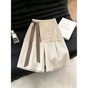 Faux Two-Piece Vintage Lace Straight-Leg Shorts for Women 2026 Summer New Arrival Slimming Versatile Tie Design Casual Shorts
