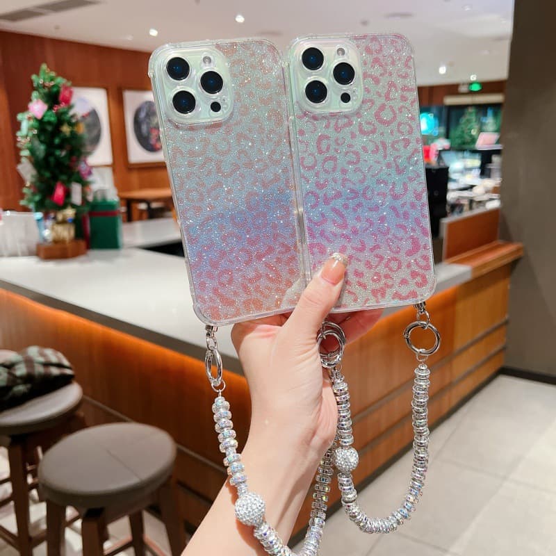 New Women's Leopard Print Gradient Glitter Chain Phone Case for Apple 18 Pro Max, 17 Colorful Plated Holographic Blue Light Soft Case, 16
