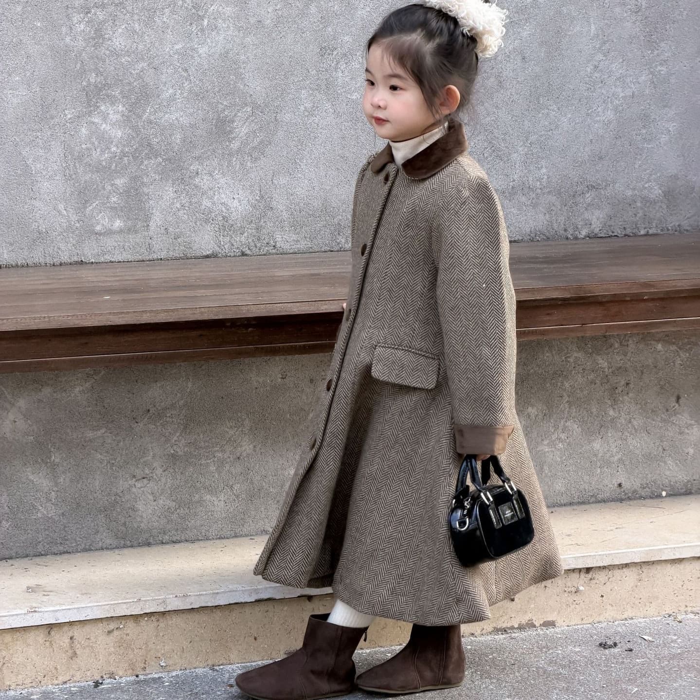 2025 Winter New Children's Wear, Korean Style Girls' Mid-Long Elegant Tweed Wool Coat, Quilted Jacket