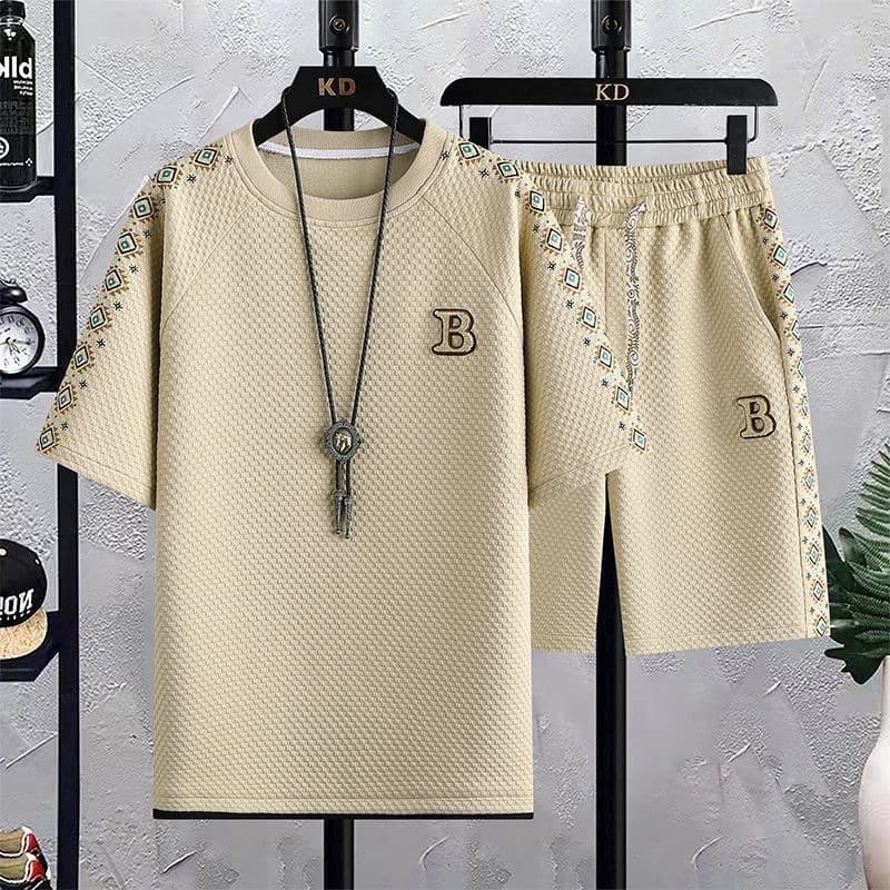 Summer Ice Silk Set Men's 2026 New Trendy Short-Sleeve T-Shirt Thin Breathable Waffle Casual Two-Piece Set