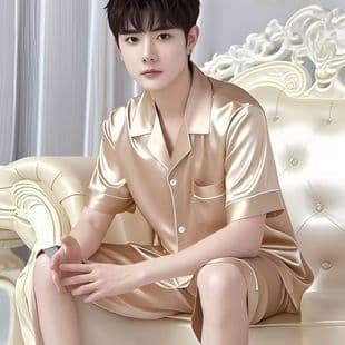 Complete Set Men's Ice Silk Pajamas Summer Thin Short Sleeve Plus Size Home Wear Silk Loose Suit