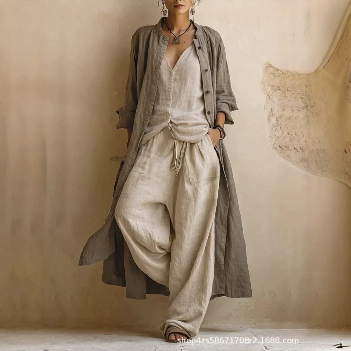 2026 EU US Amazon Cross-border Independent Station Summer Solid Color Wide-leg Pants Set Women Cotton Linen Fashion 3-Piece Set
