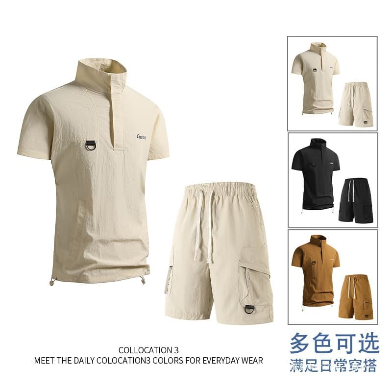 Cross-border - 2025 ice silk short-sleeve set men's summer thin breathable elastic cool-feeling T-shirt shorts casual sportswear.