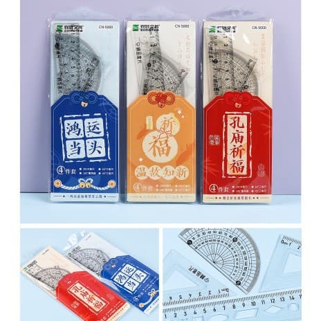 Wholesale New Learning Stationery Set, Creative and Simple Transparent Student Ruler Set, Four-Piece Set of Rulers, Triangle Ruler, Straight Ruler, Protractor