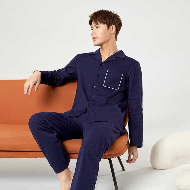 Men's Cotton Pajamas Spring Autumn Long Sleeve Casual Youth Turn-down Collar Thin Cross-border Homewear
