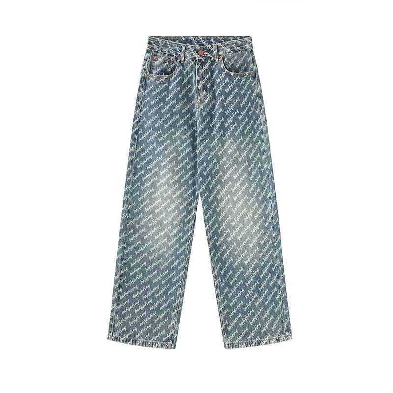 Spring/Autumn American Casual Retro Jacquard Printed Jeans for Men, Straight Loose Fit, Versatile Wide Leg Jeans