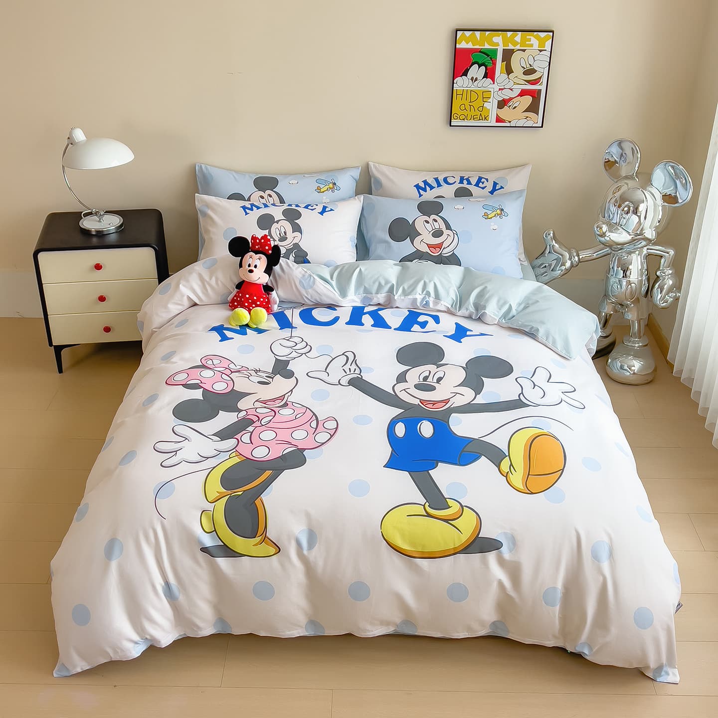Disney 60-Count Cotton Cartoon Four-Piece Set Mickey and Minnie Pure Cotton Bed Sheet and Duvet Cover Set, Pure Cotton Children's Three-Piece Set