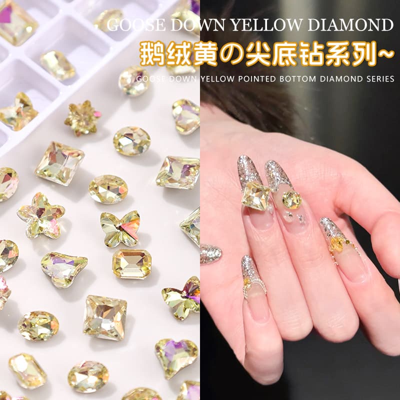 K9 Goose Yellow Velvet Nail Rhinestones Bulk Flash, Wearable Nail Art Pointed Bottom Rhinestone Accessories, DIY Handmade Fat Square Nail Art Decorations