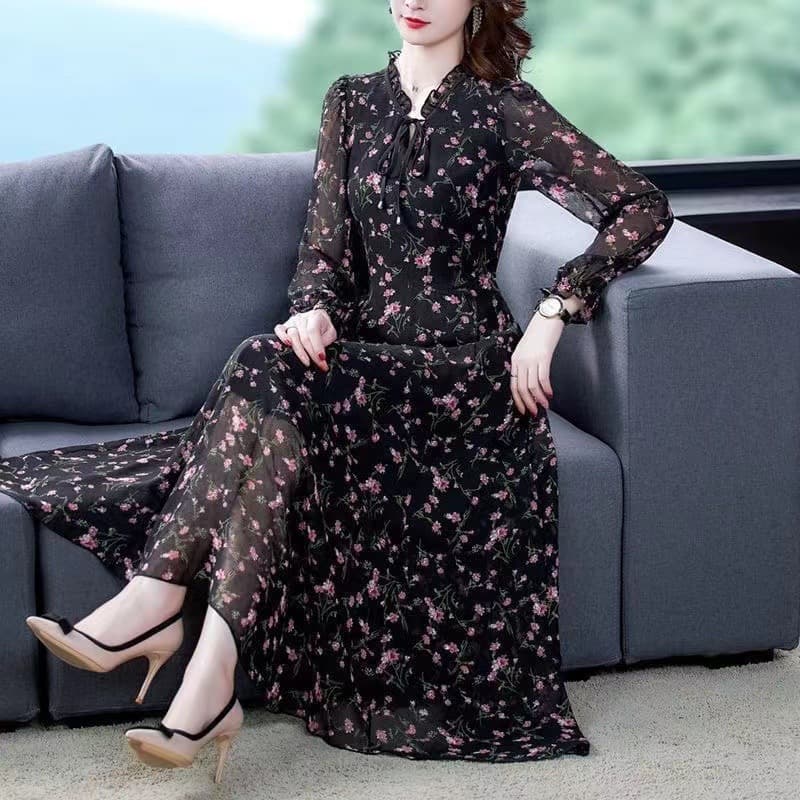 Floral Print Long Sleeve Chiffon Dress Women's Base Layer Plus Size Slimming Spring 2025 Fashion New Arrival