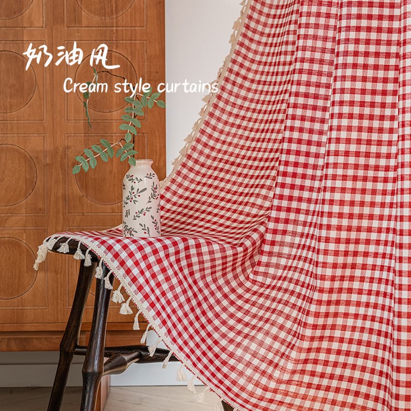 Red Plaid Tassel Japanese Style Princess Curtain, Literary Small Window Kitchen Curtain, Cotton Linen Semi-Blackout, Bay Window, Factory Wholesale