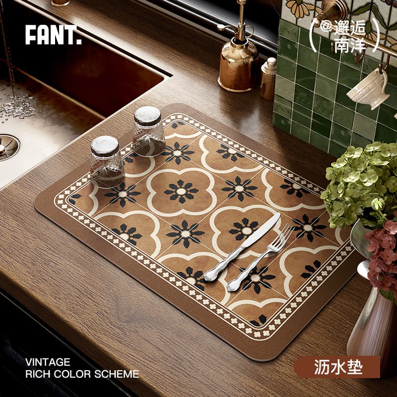 Celine mid-century style kitchen countertop draining mat, high-end coffee machine, bar, tea station, and dish absorption anti-slip pad.
