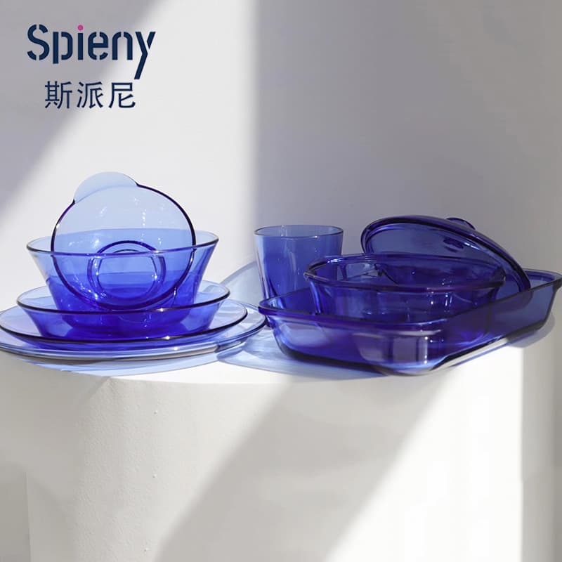 Spai high borosilicate glass tableware set, plates, bowls, rice bowls, noodle bowls, baking dishes, household blue, green, smoke gray.