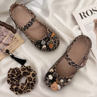 Leopard Print Mary Jane Shoes Ballet Flats Sandals Women's Crocs Style Outdoor Slide Sandals Beach Shoes Home Slippers