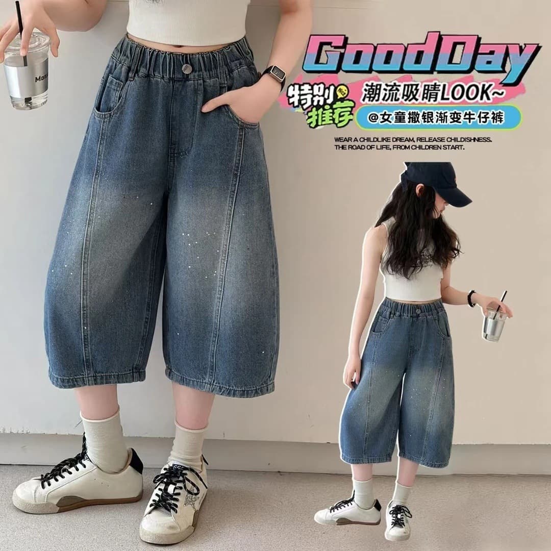 Girls Pants 2 Summer New Style Denim Five-Point Pants for Older Kids, Korean Style Versatile Seven-Point Wide Leg Straight Pants Fashion