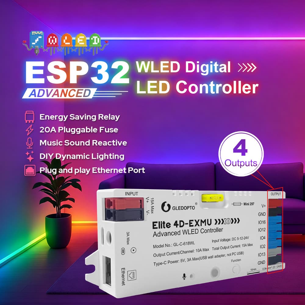 GLEDOPTO Elite Series Ultimate 4-Channel Output ESP32 Ethernet WLED Digital LED Strip Controller