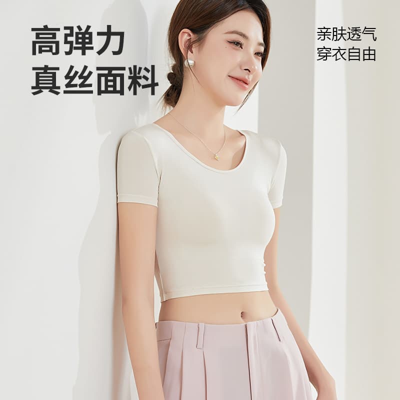 Tangge Silk Spandex Round Neck Short Sleeve Base Shirt Women's Yoga Top Anti-Exposure Small Vest Commute Style Cropped Length