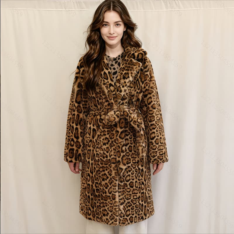 Women's Faux Fur Jacket Winter Warm Mink Coat Leopard Color Hot Girl Long Casual Belted Windbreaker