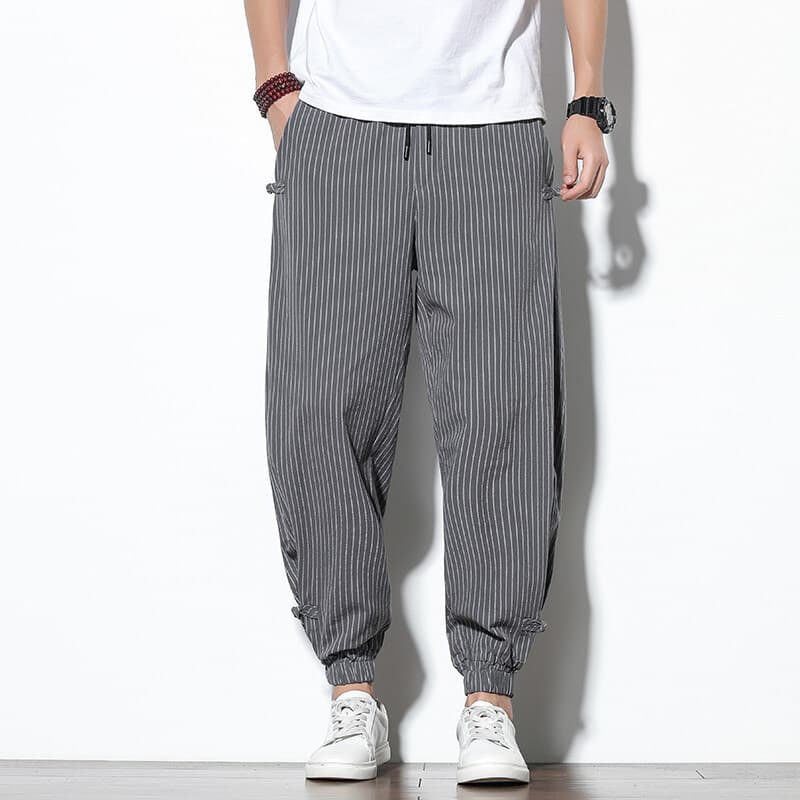 Cotton and linen casual pants men's large size ankle-tie nine-point pants thin summer men's trendy brand loose linen striped pants