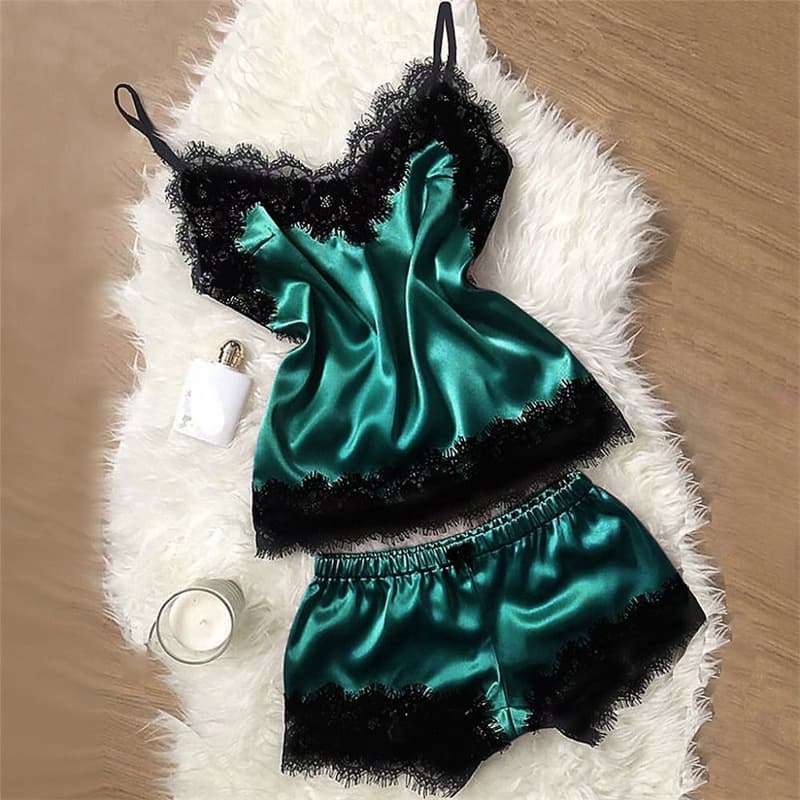 Pajama Set with Built-in Bra, Camisole and Shorts, Satin Two-Piece Sexy Sleepwear, Lace Silk Loungewear