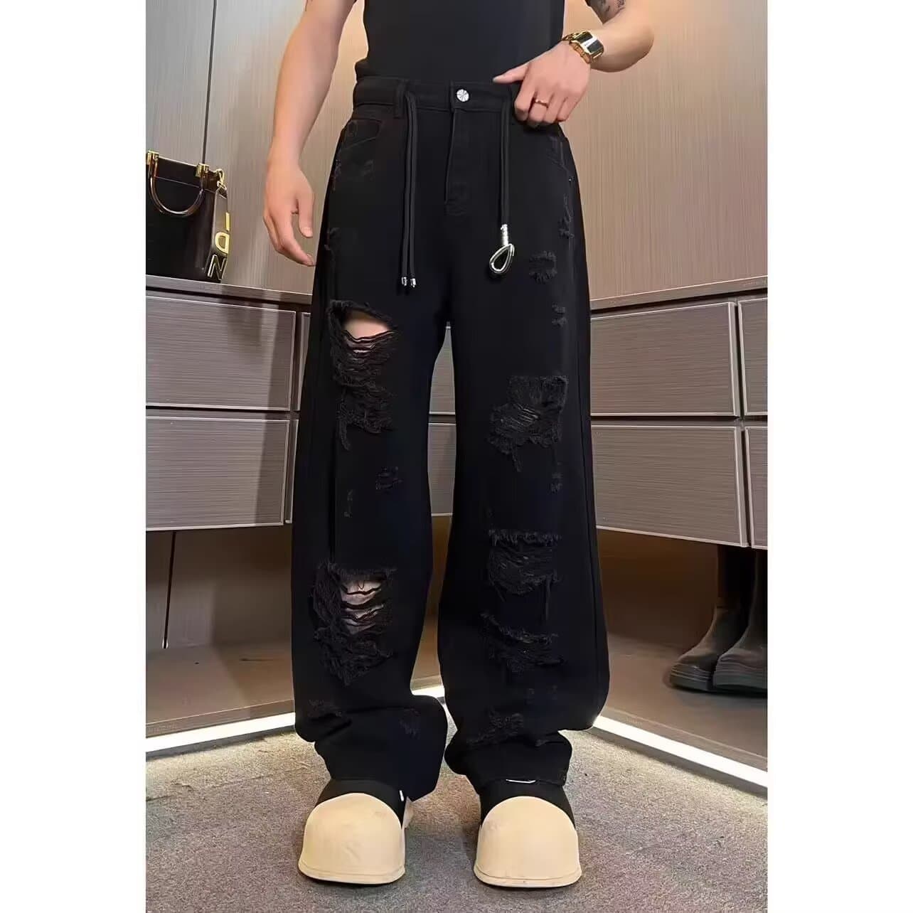 Cross-border Trade Exclusive: Versatile Straight-leg Trendy Rogue-style Long Jeans for Men, Distressed Loose Casual Pants