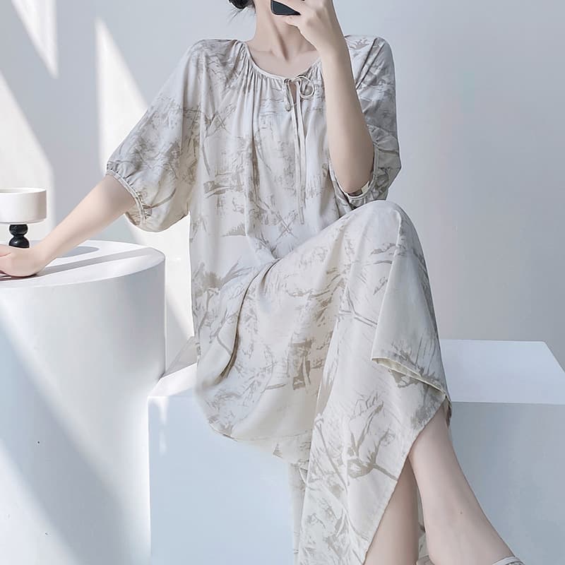 Women's Soft Cotton Nightgown, Summer Thin Long Style, Rayon Short Sleeve Printed Knee-Length Dress, Maternity Wear, Plus Size