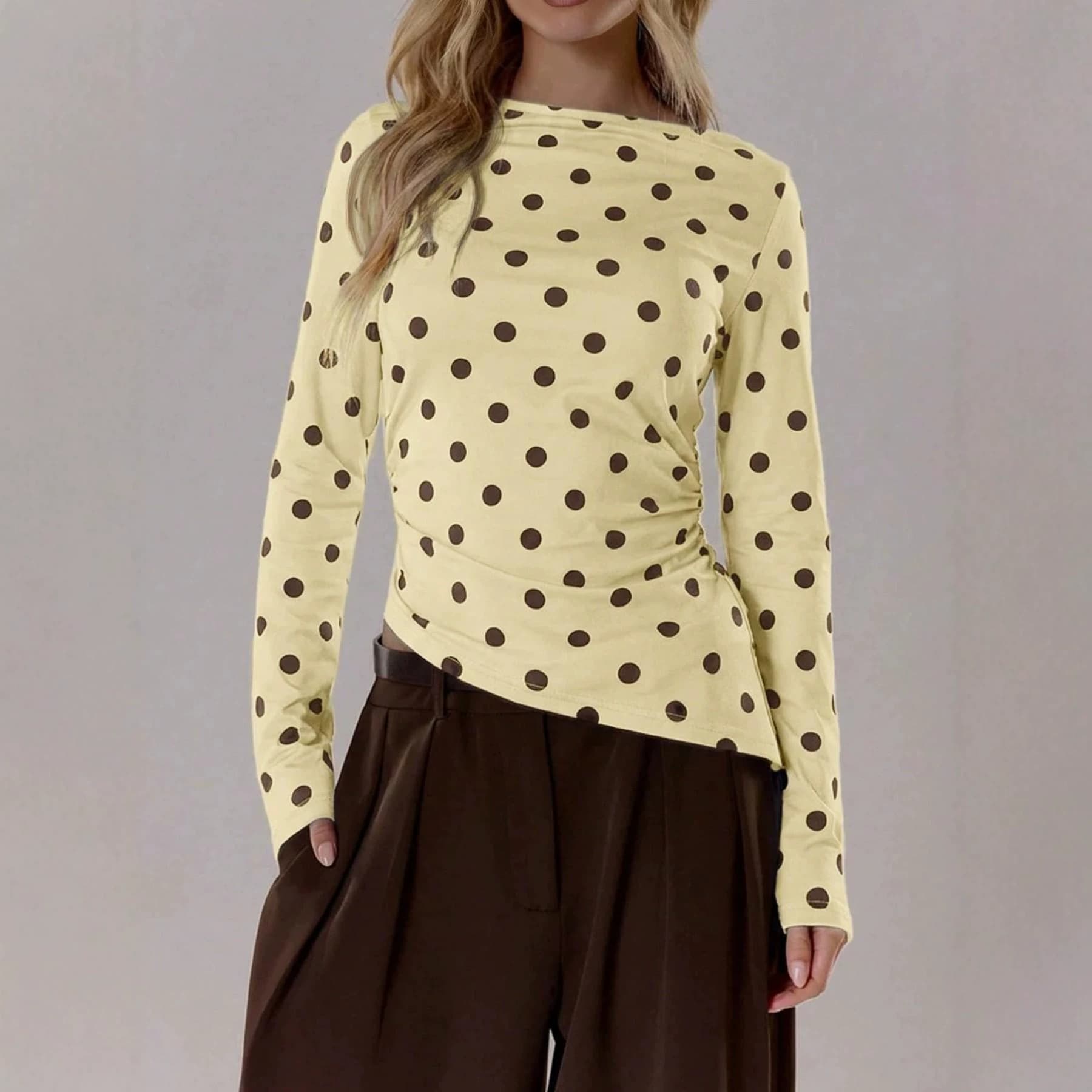 Amazon European and American cross-border casual women's polka-dot long-sleeved top boat neck ruffle details asymmetric hem T-shirt